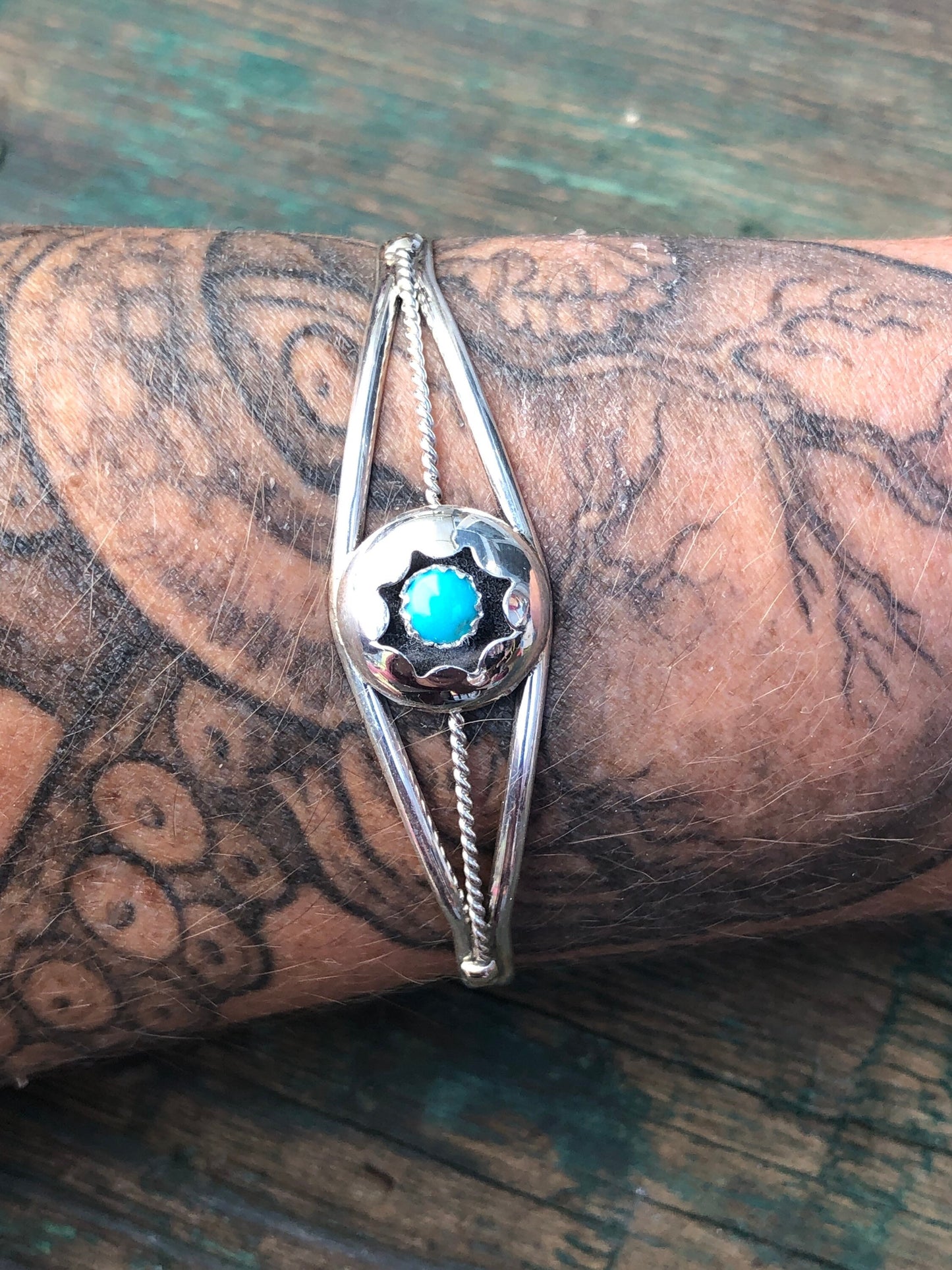 Native American Domed Shadowbox Turquoise Sterling Silver Cuff Bracelet