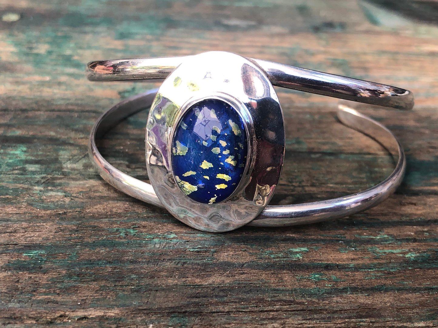 Blue Dragons Breath Fire Opal Dichroic Glass Sterling Silver Hammer Finish Cuff Bracelet