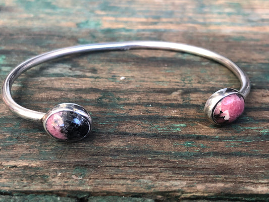 Vintage Sterling Silver Pink & Black Rhodonite Gemstone Reverse Cuff Bracelet
