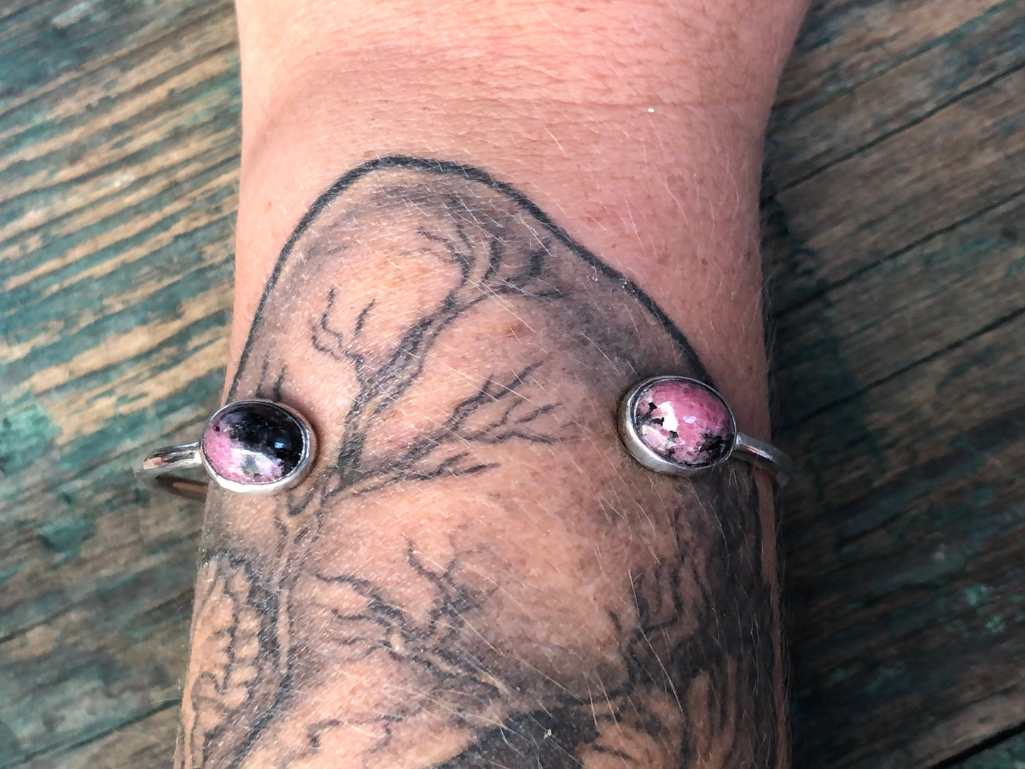 Vintage Sterling Silver Pink & Black Rhodonite Gemstone Reverse Cuff Bracelet