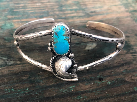 Navajo Native American Sterling Silver Turquoise Dapped Leaf Cuff Bracelet
