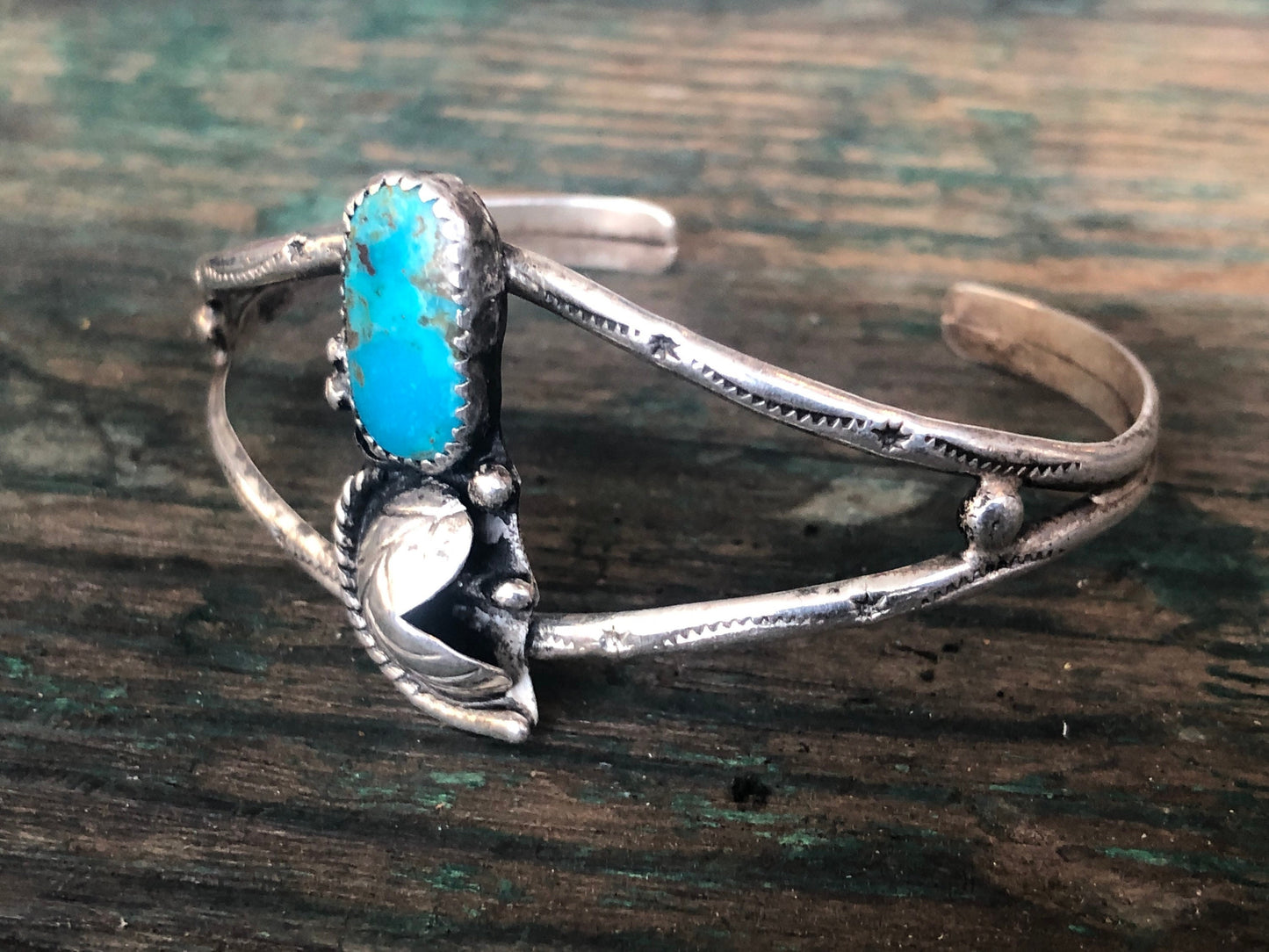 Navajo Native American Sterling Silver Turquoise Dapped Leaf Cuff Bracelet