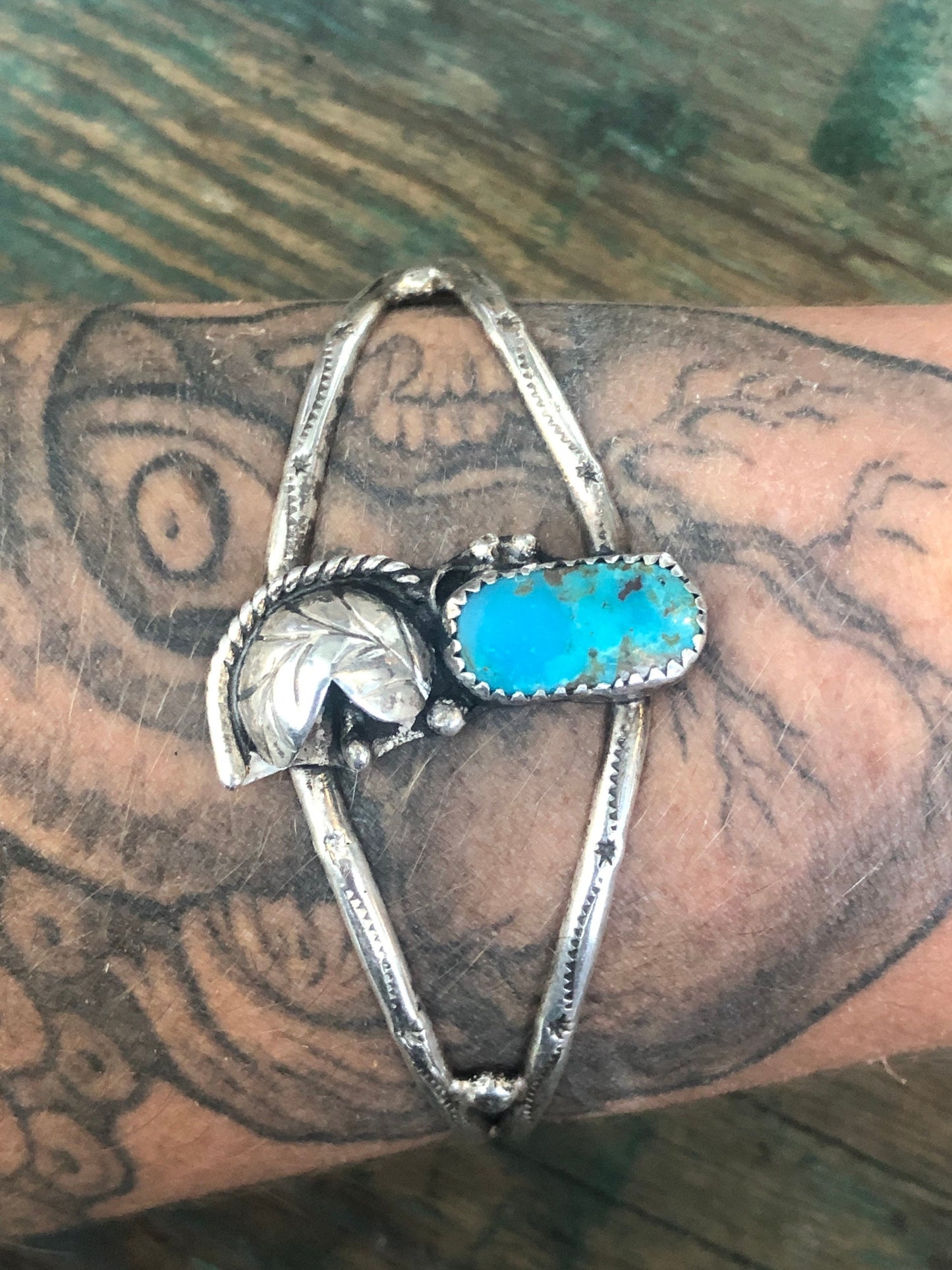 Navajo Native American Sterling Silver Turquoise Dapped Leaf Cuff Bracelet