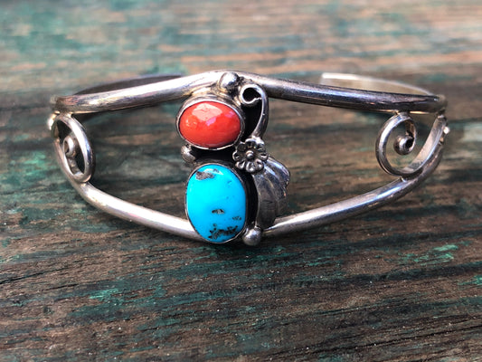 Vintage Sterling Silver Native American Turquoise & Red Coral Cuff Bracelet