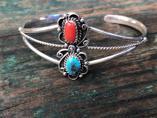 Vintage Native American Sterling Silver Turquoise & Red Coral Cuff Bracelet