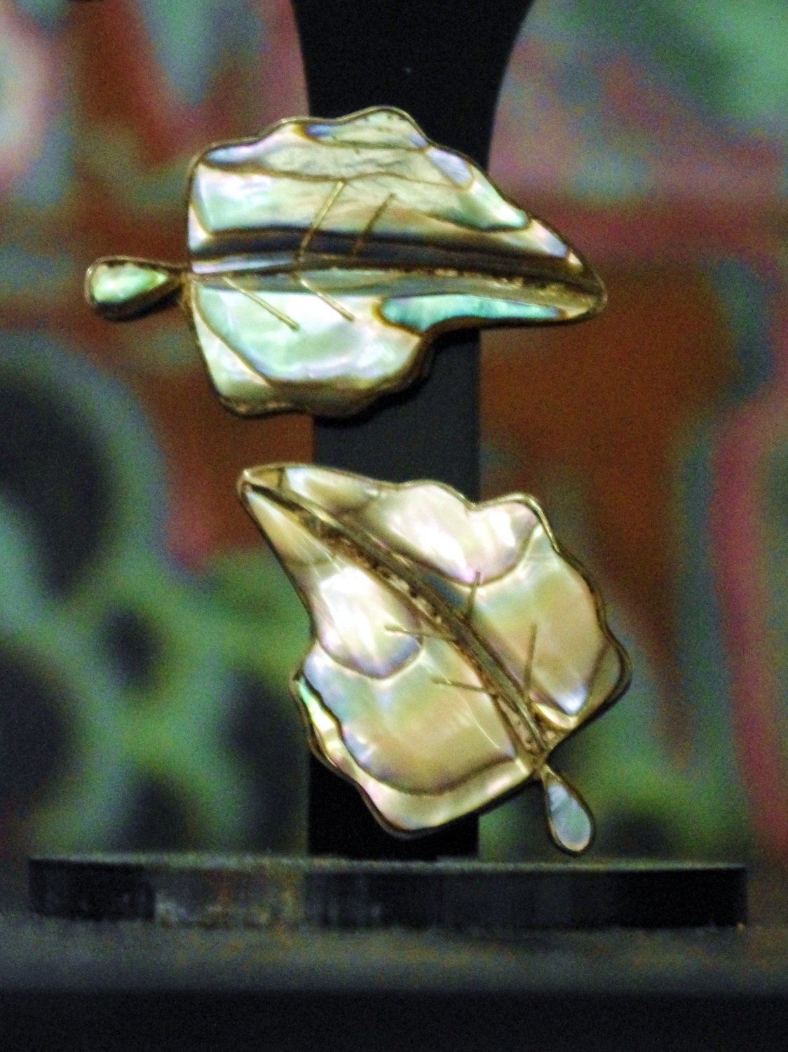 Vintage Sterling Silver & Abalone Leaf Earrings SIGNED Taxco Mexico