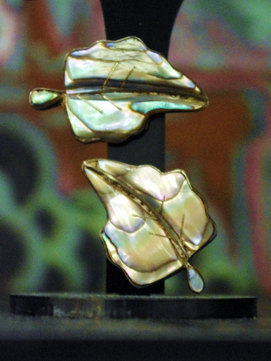 Vintage Sterling Silver & Abalone Leaf Earrings SIGNED Taxco Mexico