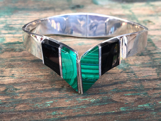 Vintage Taxco Mexico Sterling Silver Onyx & Malachite Chevron Hinged Clamper Cuff Bangle Bracelet