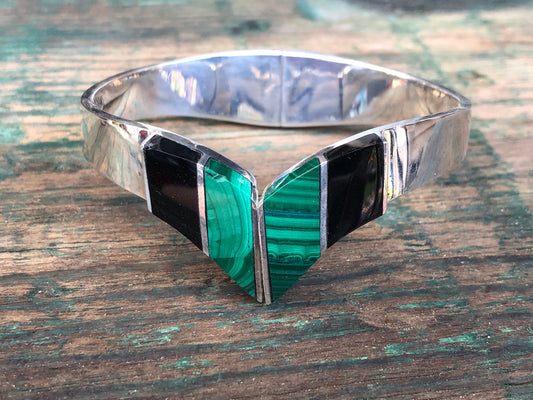 Vintage Taxco Mexico Sterling Silver Onyx & Malachite Chevron Hinged Clamper Cuff Bangle Bracelet