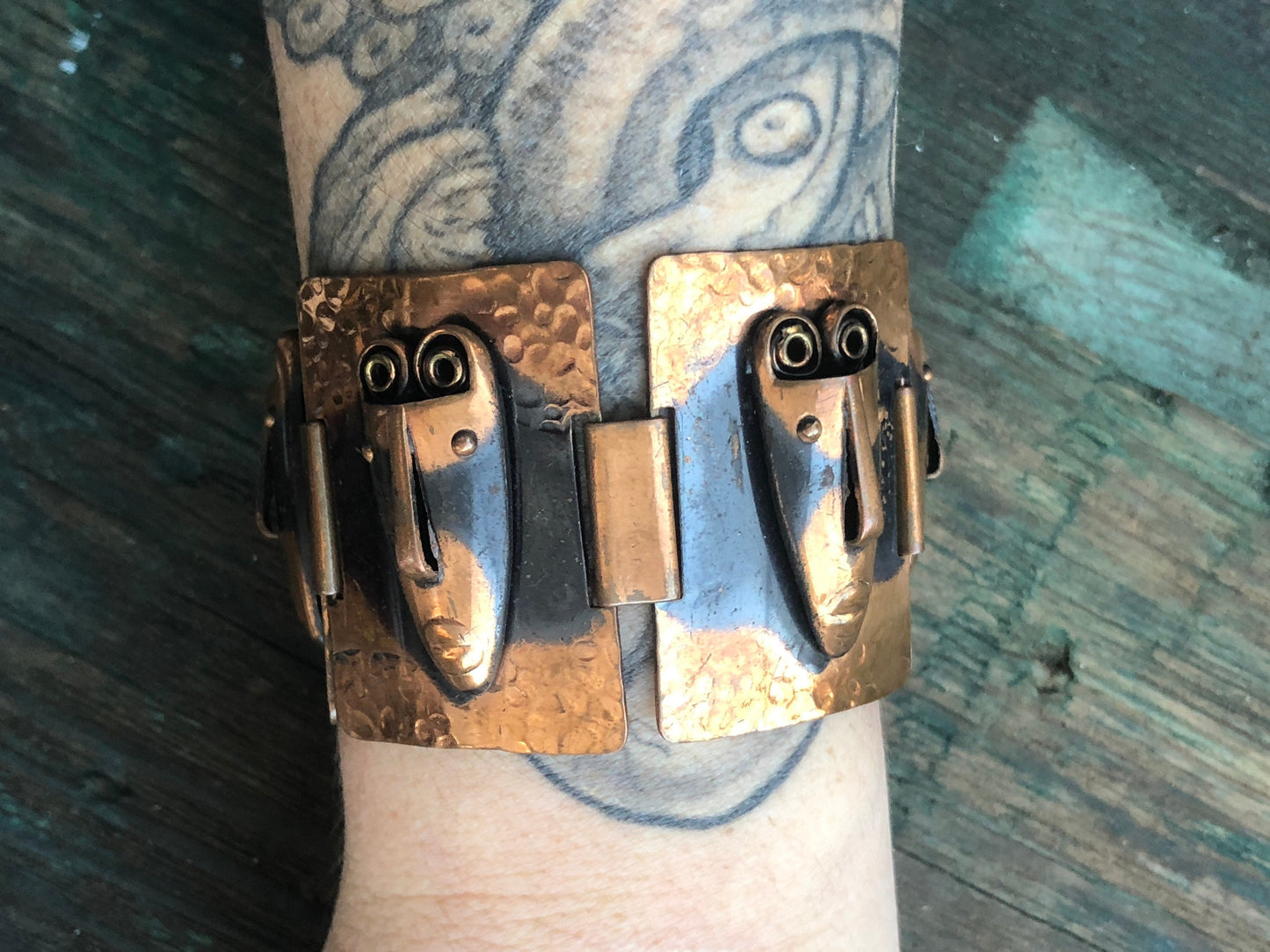 Vintage Rebejas Signed Copper Comedy Tragedy Face Mask Panel Link Bracelet