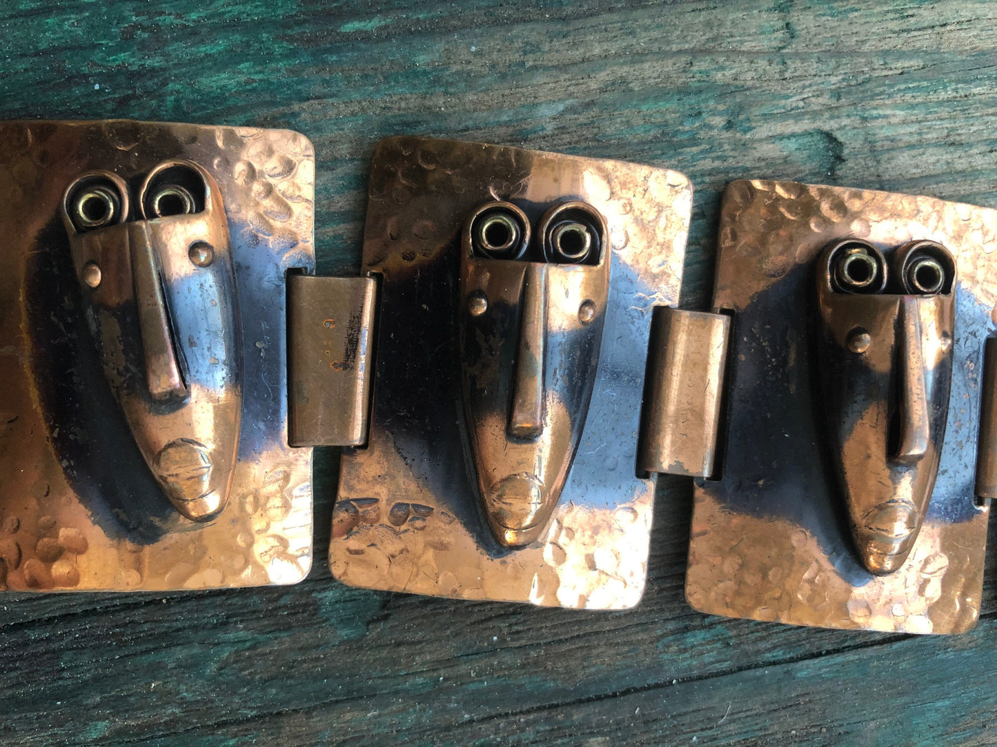 Vintage Copper Rebejas Designer Signed comedy tragedy face mask Brooch Pin