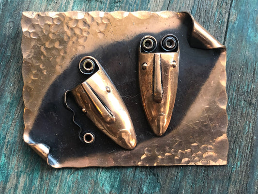 Vintage Copper Rebejas Designer Signed comedy tragedy face mask Brooch Pin