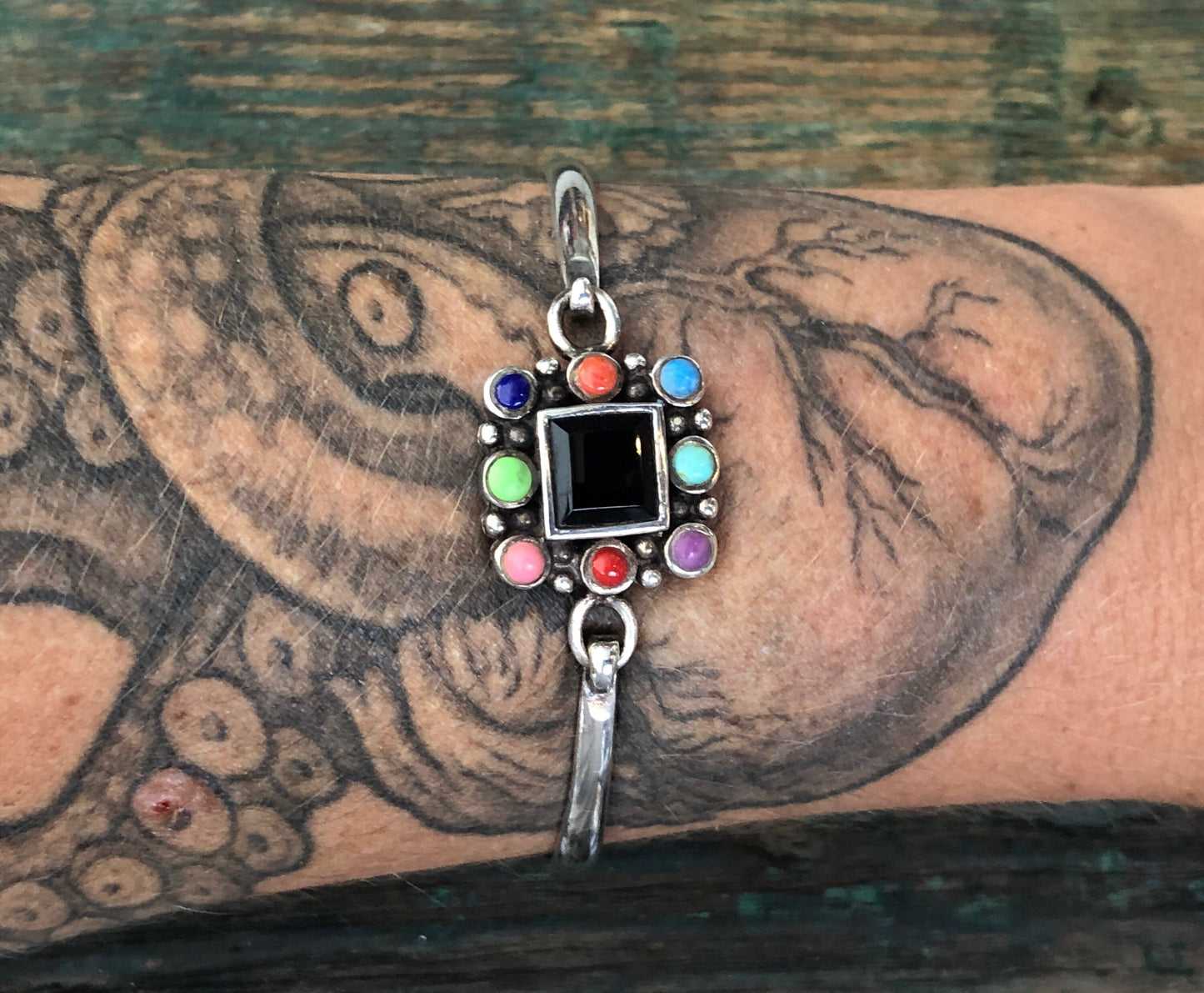 Sterling Silver Multi Gemstone ( onyx, turquoise, coral, jasper)  hinged Bangle Bracelet