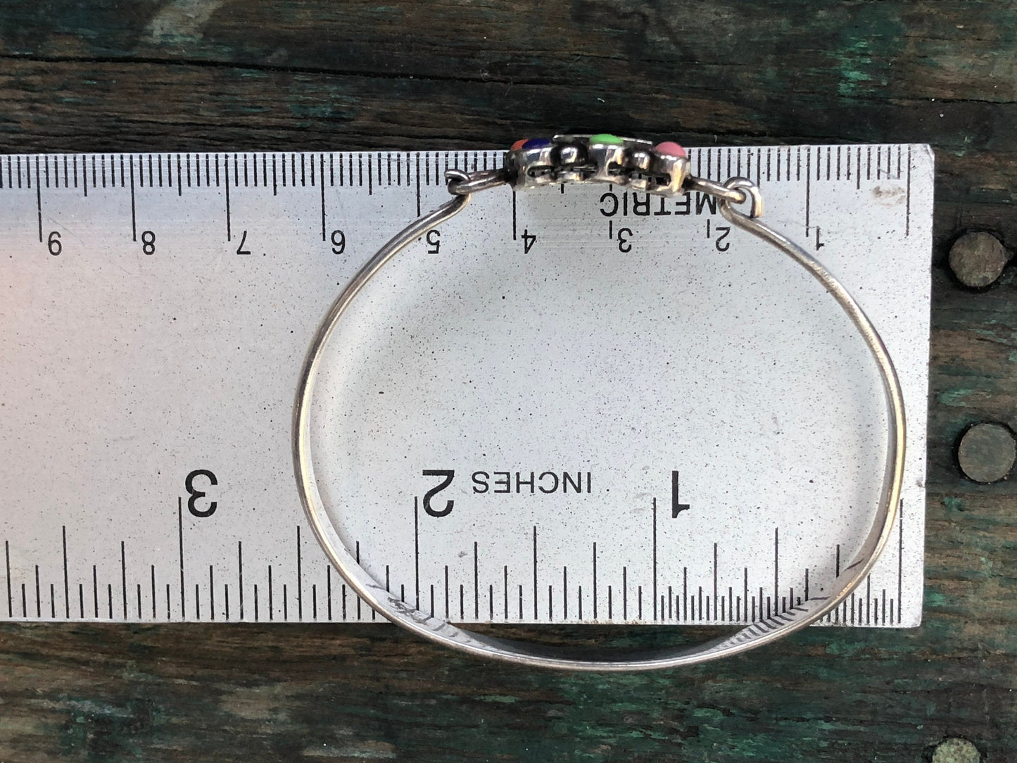 Sterling Silver Multi Gemstone ( onyx, turquoise, coral, jasper)  hinged Bangle Bracelet