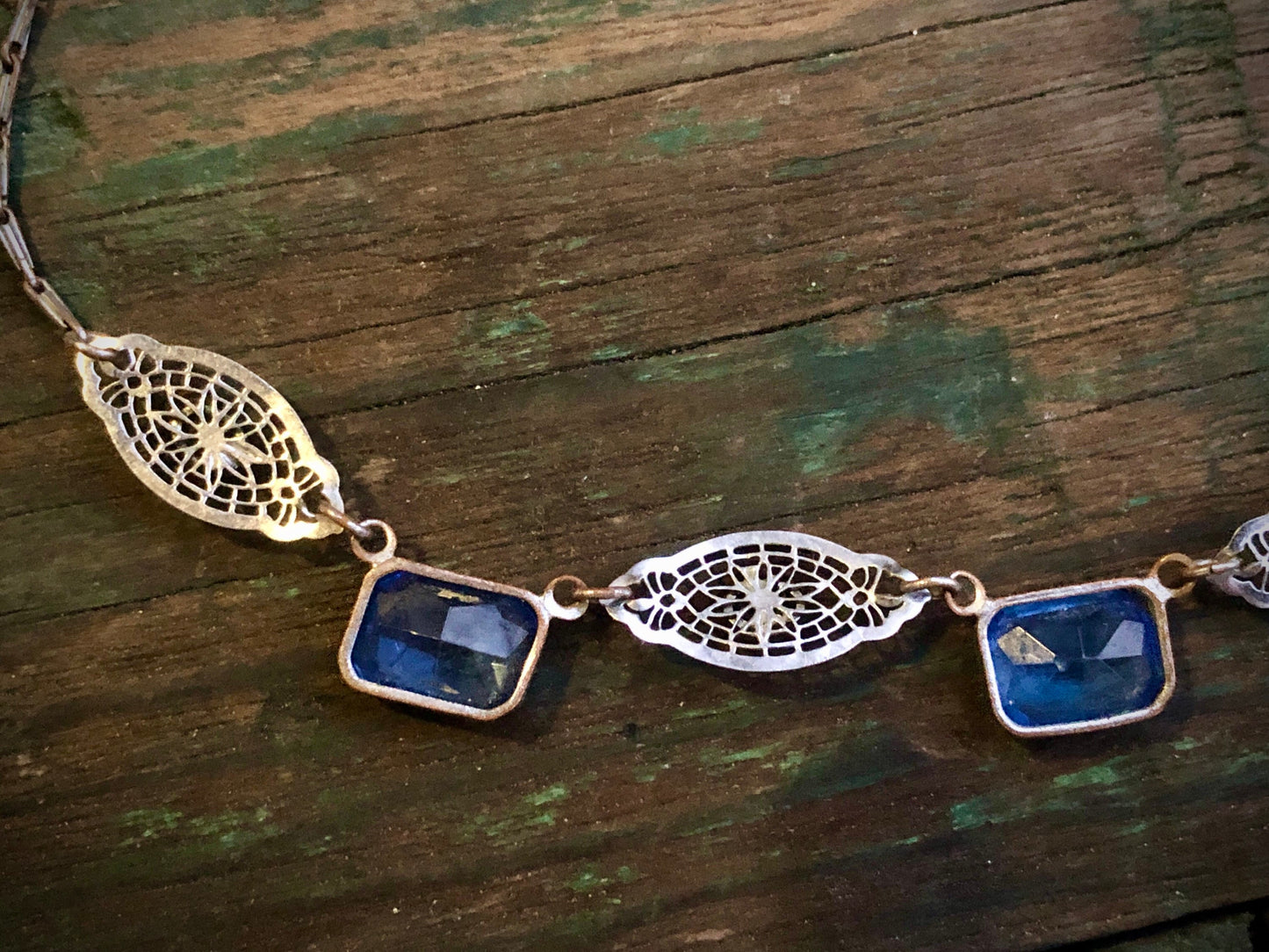 Antique Rhodium Plated Brass Filigree Necklace with Blue Paste Stones