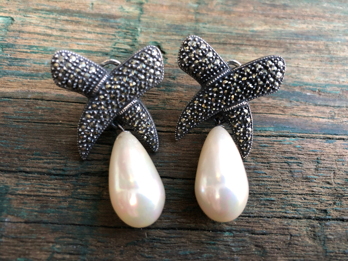 Art Deco Sterling Silver & Marcasite X Geometric Teardrop Pearl Dangle Earrings