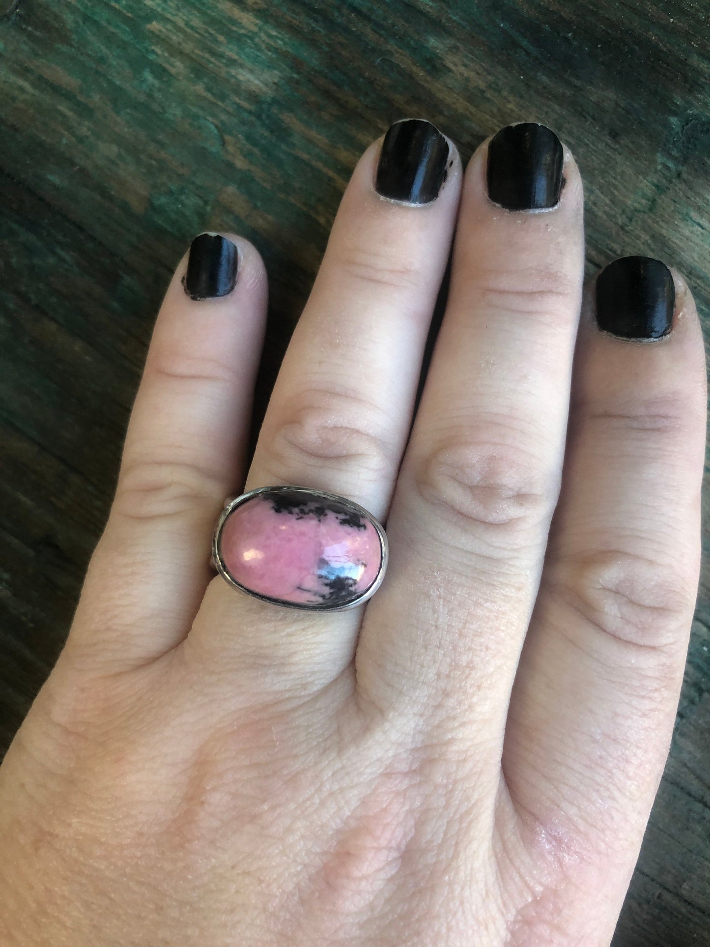 Vintage Chunky Modernist Sterling Silver Pink & Black Rhodonite Gemstone Cabochon Ring