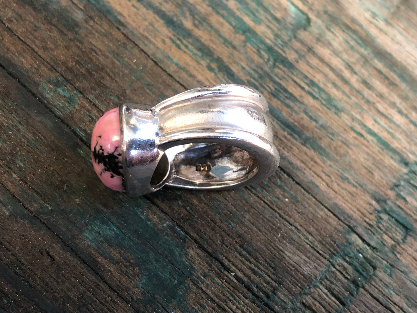 Vintage Chunky Modernist Sterling Silver Pink & Black Rhodonite Gemstone Cabochon Ring