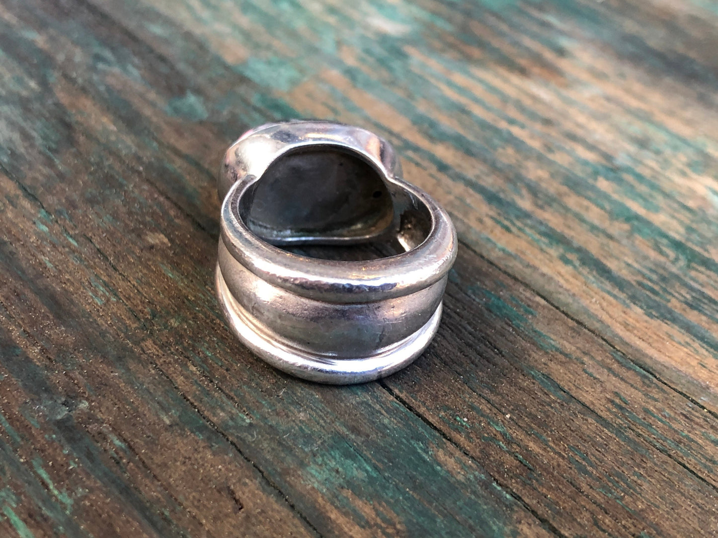 Vintage Chunky Modernist Sterling Silver Pink & Black Rhodonite Gemstone Cabochon Ring