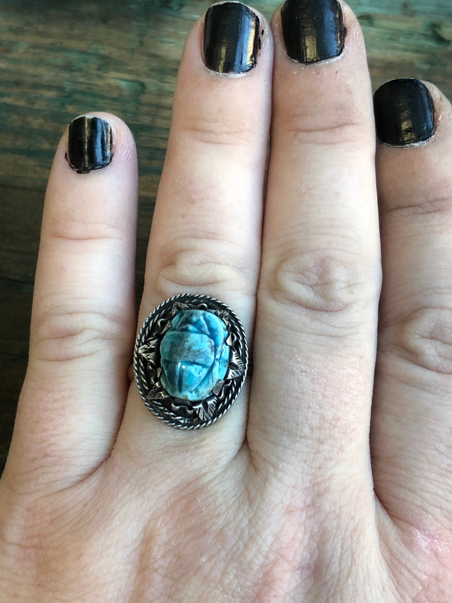 Antique Blue Enamel Scarab Sterling Silver Art Nouveau English Hallmarked Ring