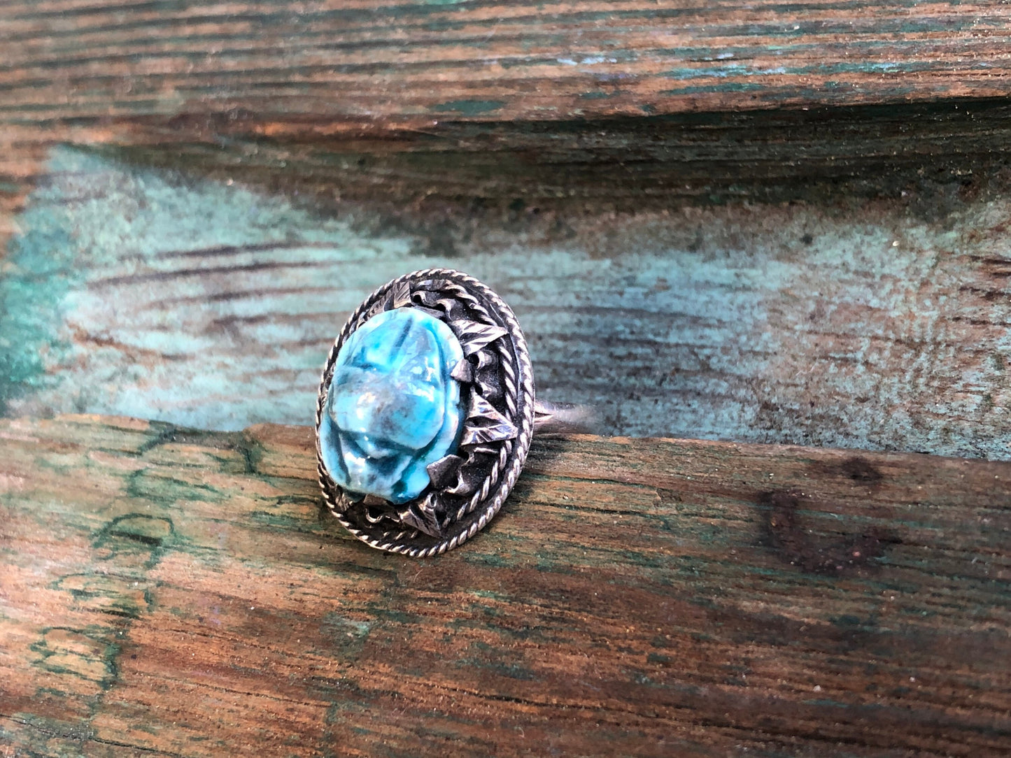 Antique Blue Enamel Scarab Sterling Silver Art Nouveau English Hallmarked Ring