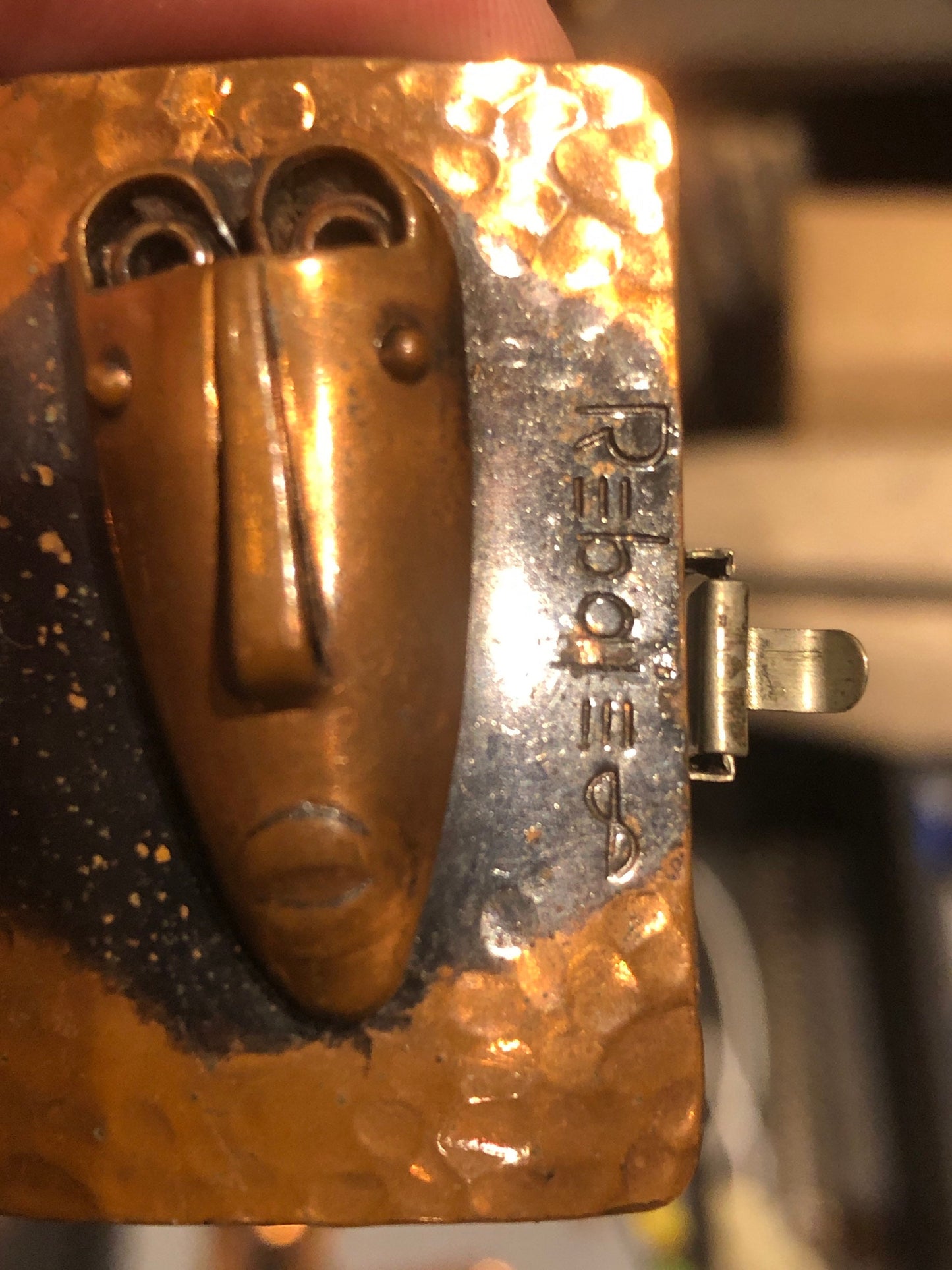 Vintage Rebejas Signed Copper Comedy Tragedy Face Mask Panel Link Bracelet