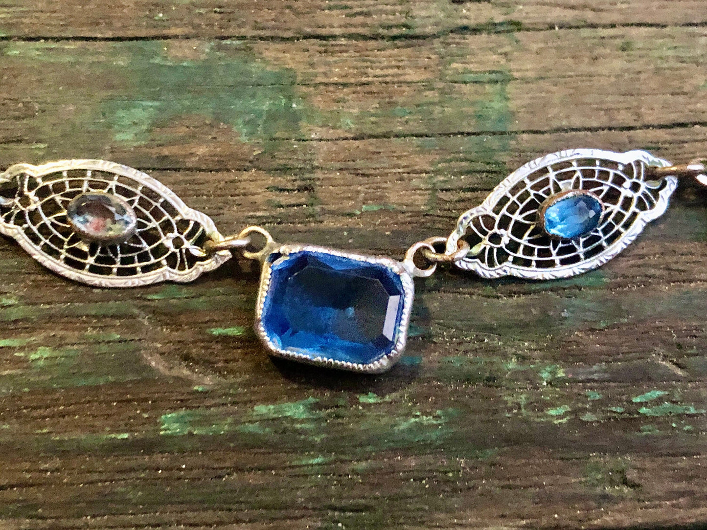 Antique Rhodium Plated Brass Filigree Necklace with Blue Paste Stones