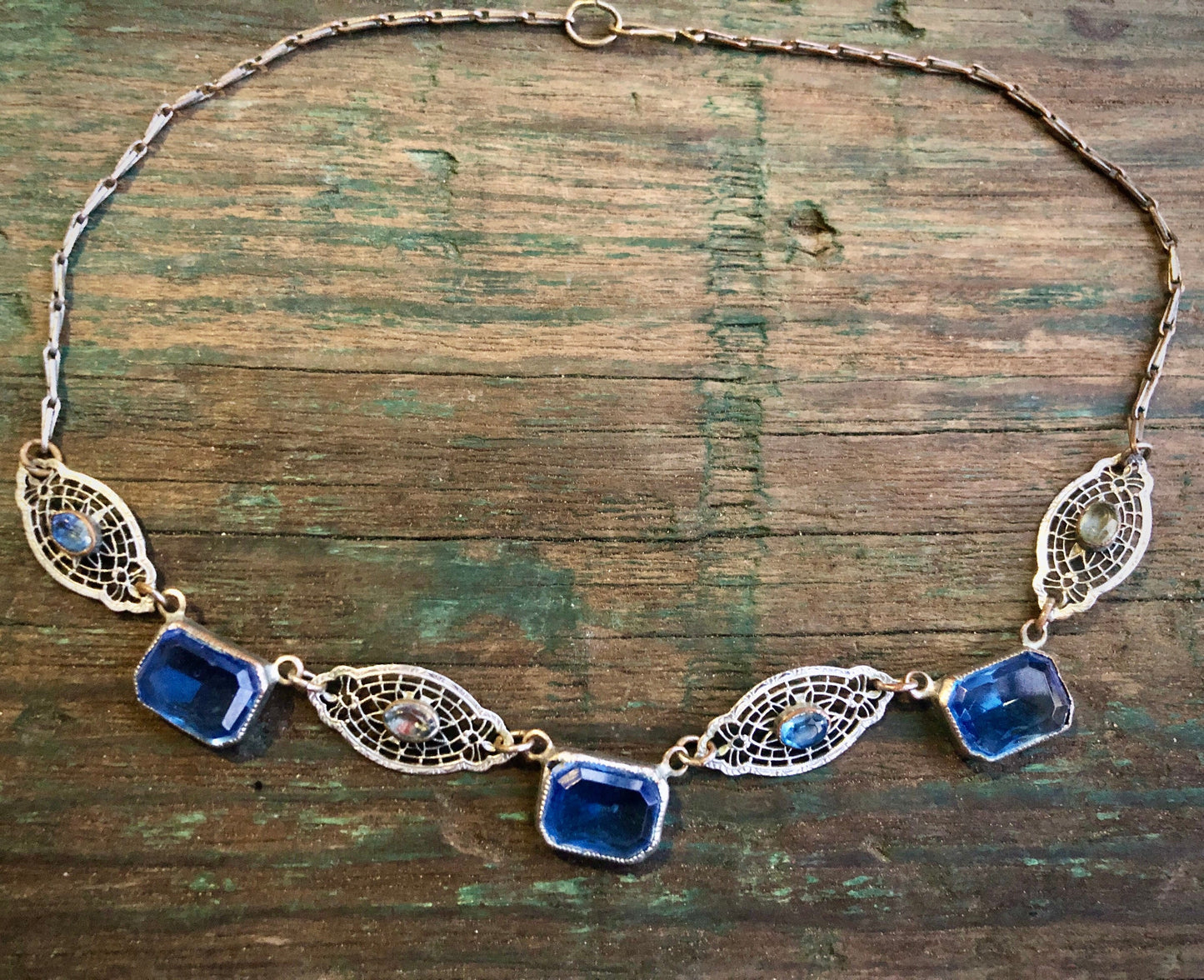 Antique Rhodium Plated Brass Filigree Necklace with Blue Paste Stones