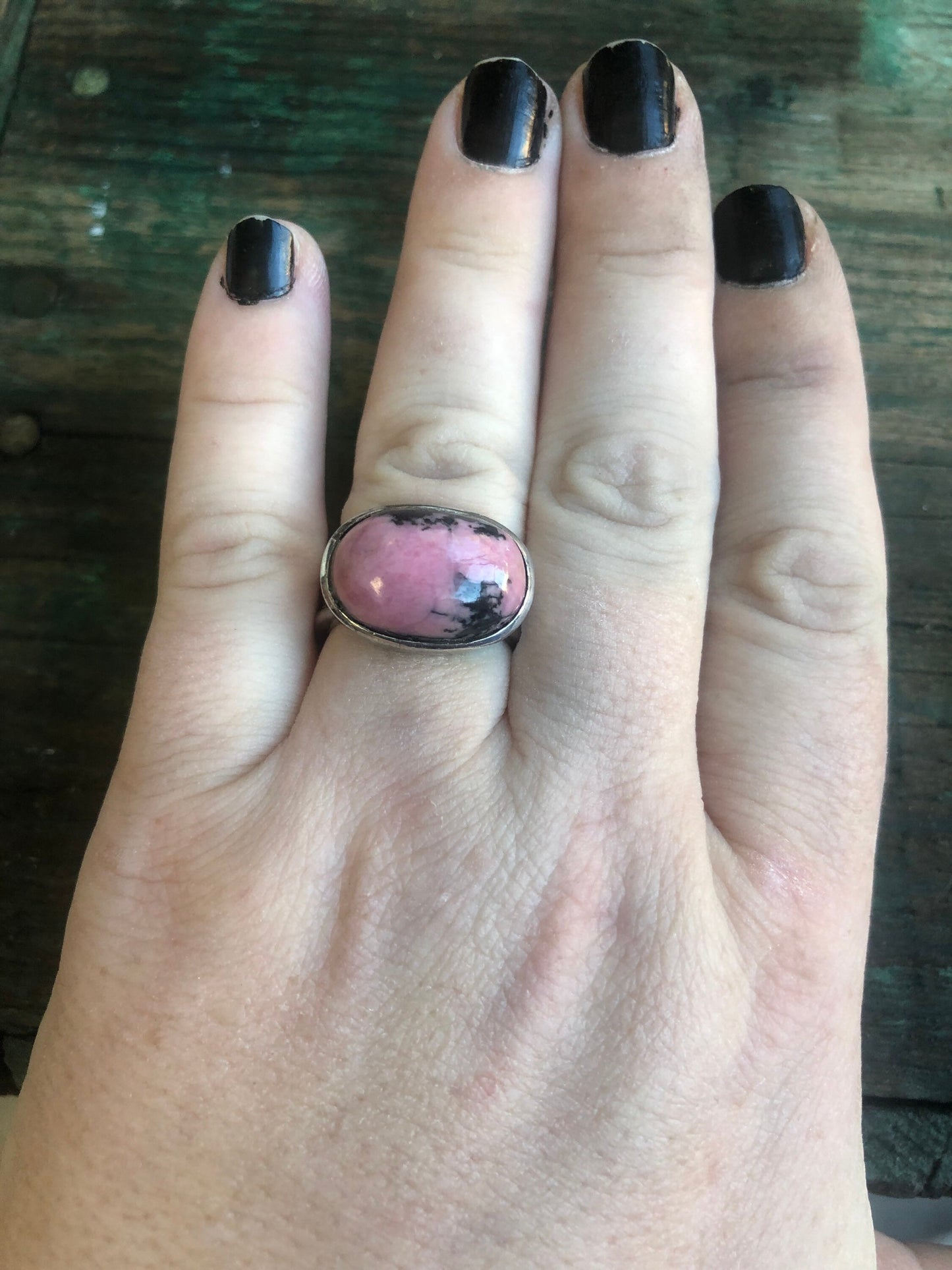 Vintage Chunky Modernist Sterling Silver Pink & Black Rhodonite Gemstone Cabochon Ring