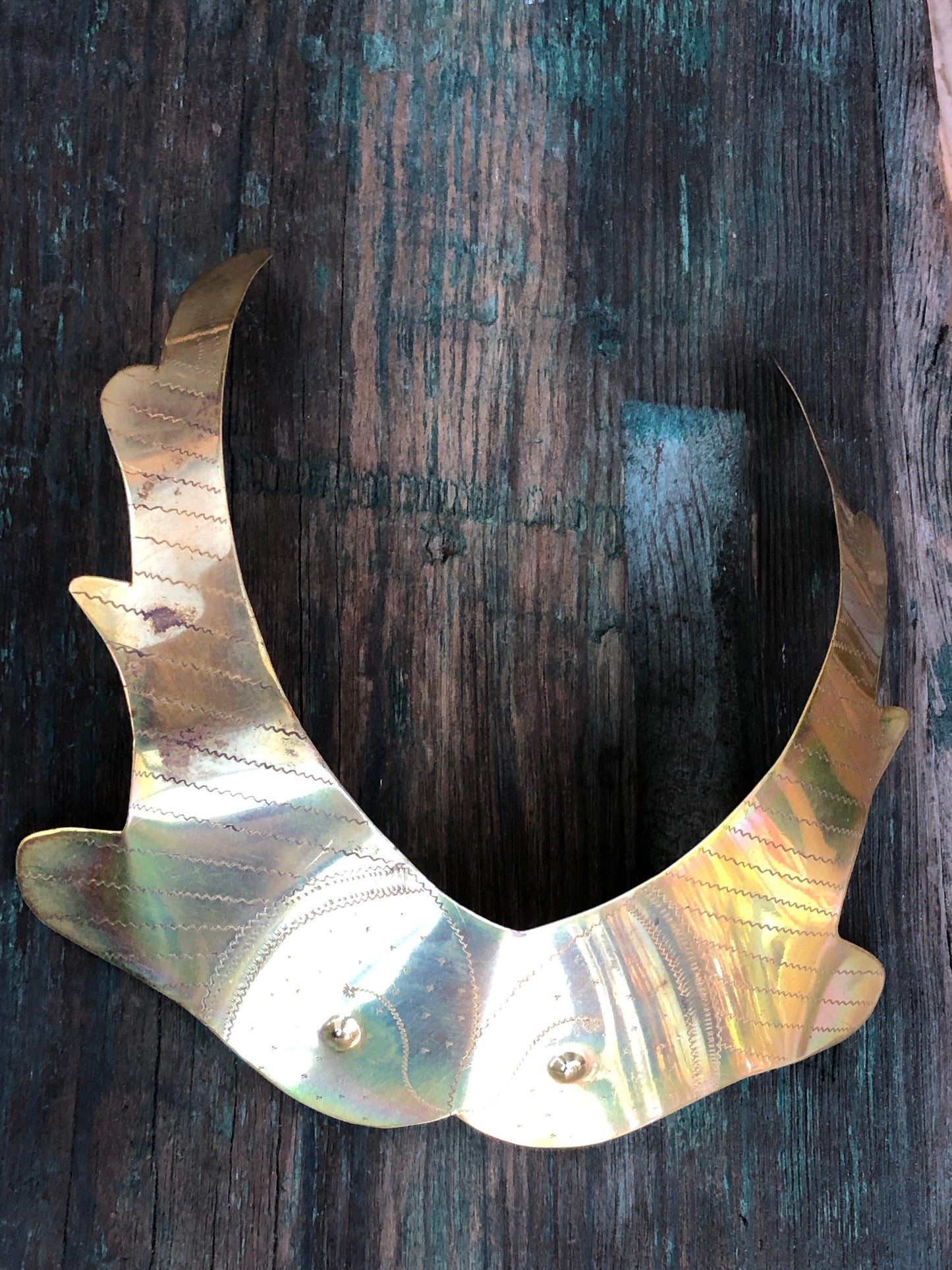 Vintage Engraved Brass Double Fish Bib Collar Necklace