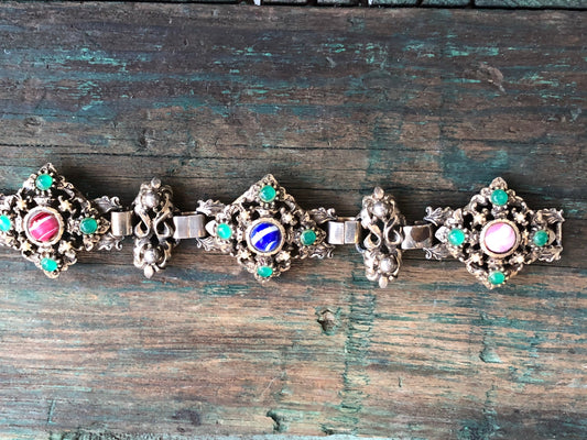 Regal Art Nouveau Chunky Renaissance Brass Fruit Salad Marble Glass Bracelet
