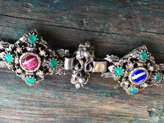 Regal Art Nouveau Chunky Renaissance Brass Fruit Salad Marble Glass Bracelet