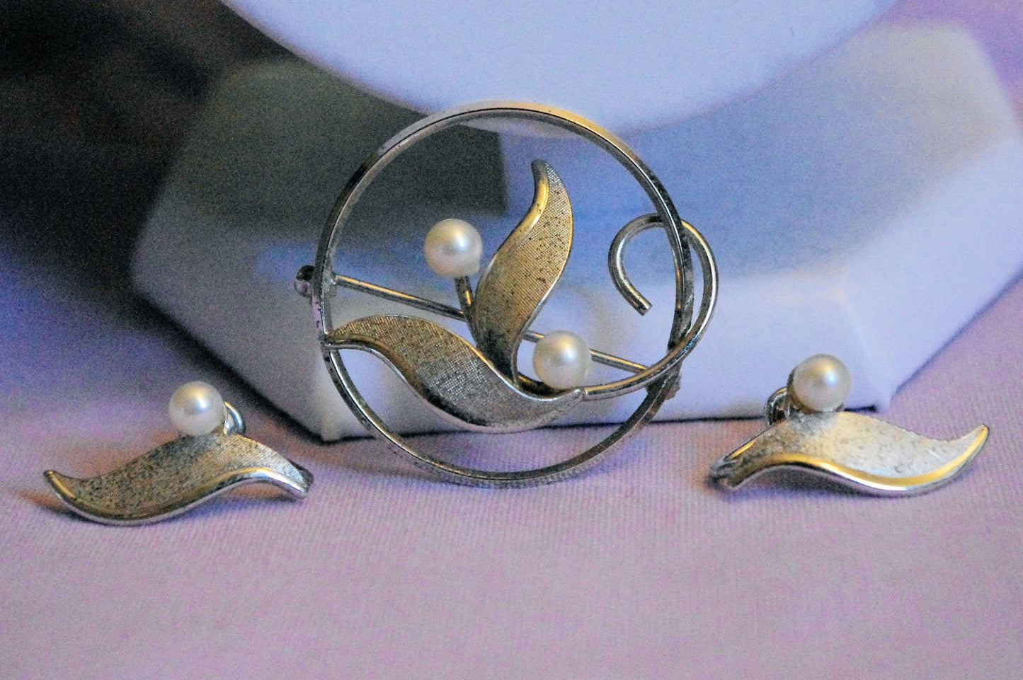 VAN DELL 925 Sterling Silver & Pearl Art Nouveau Brooch & Earring Parure