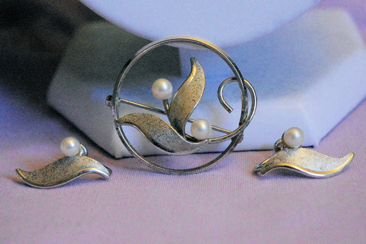 VAN DELL 925 Sterling Silver & Pearl Art Nouveau Brooch & Earring Parure