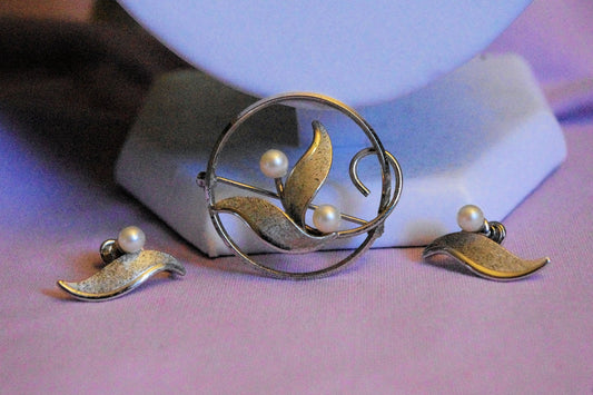 VAN DELL 925 Sterling Silver & Pearl Art Nouveau Brooch & Earring Parure