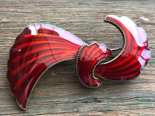 Vintage Sterling Silver Norwegian Red Enamel Modernist Flourish Brooch