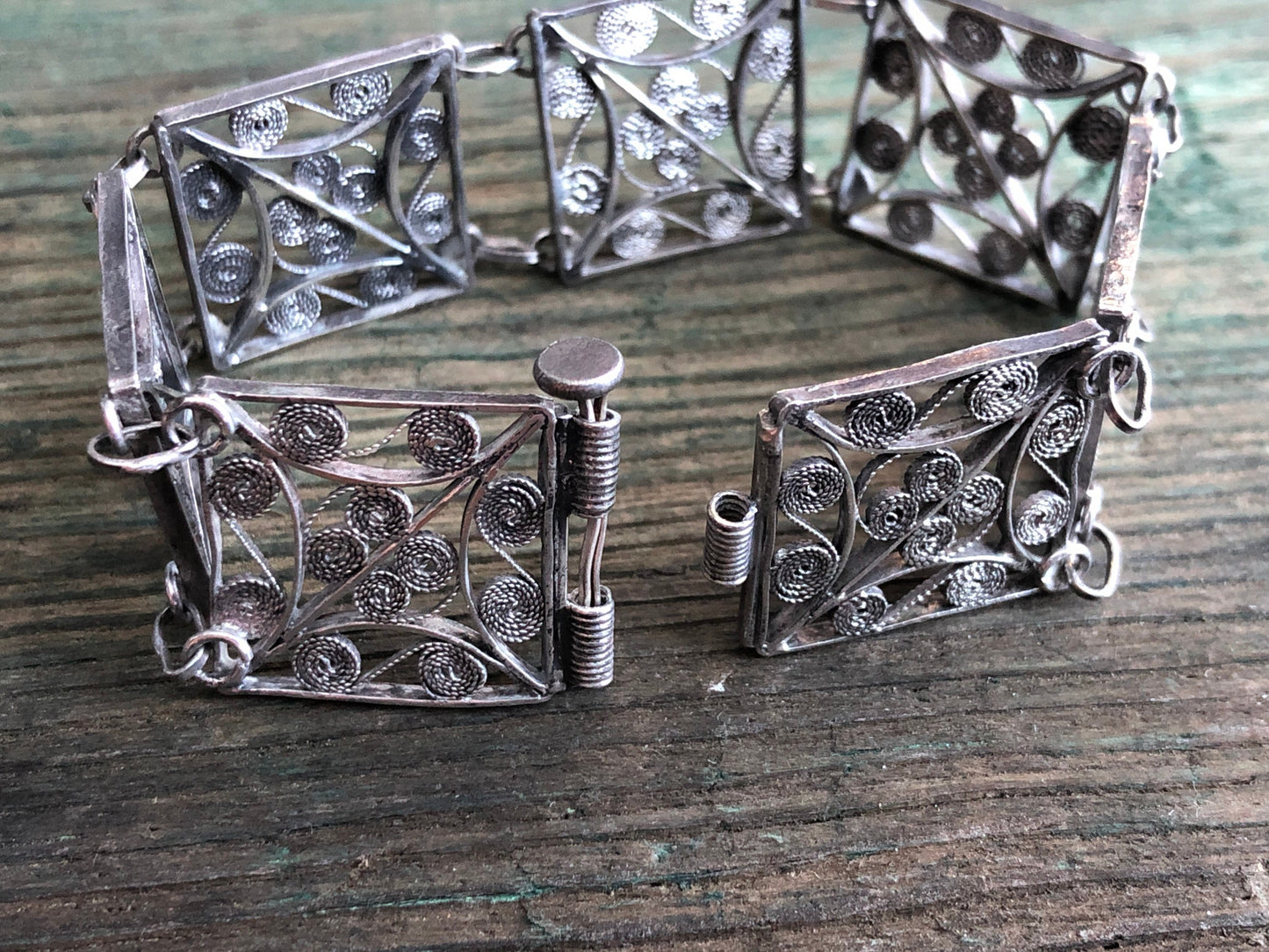 Vintage Victorian Sterling Silver Filigree Pin Hinge Panel Bracelet