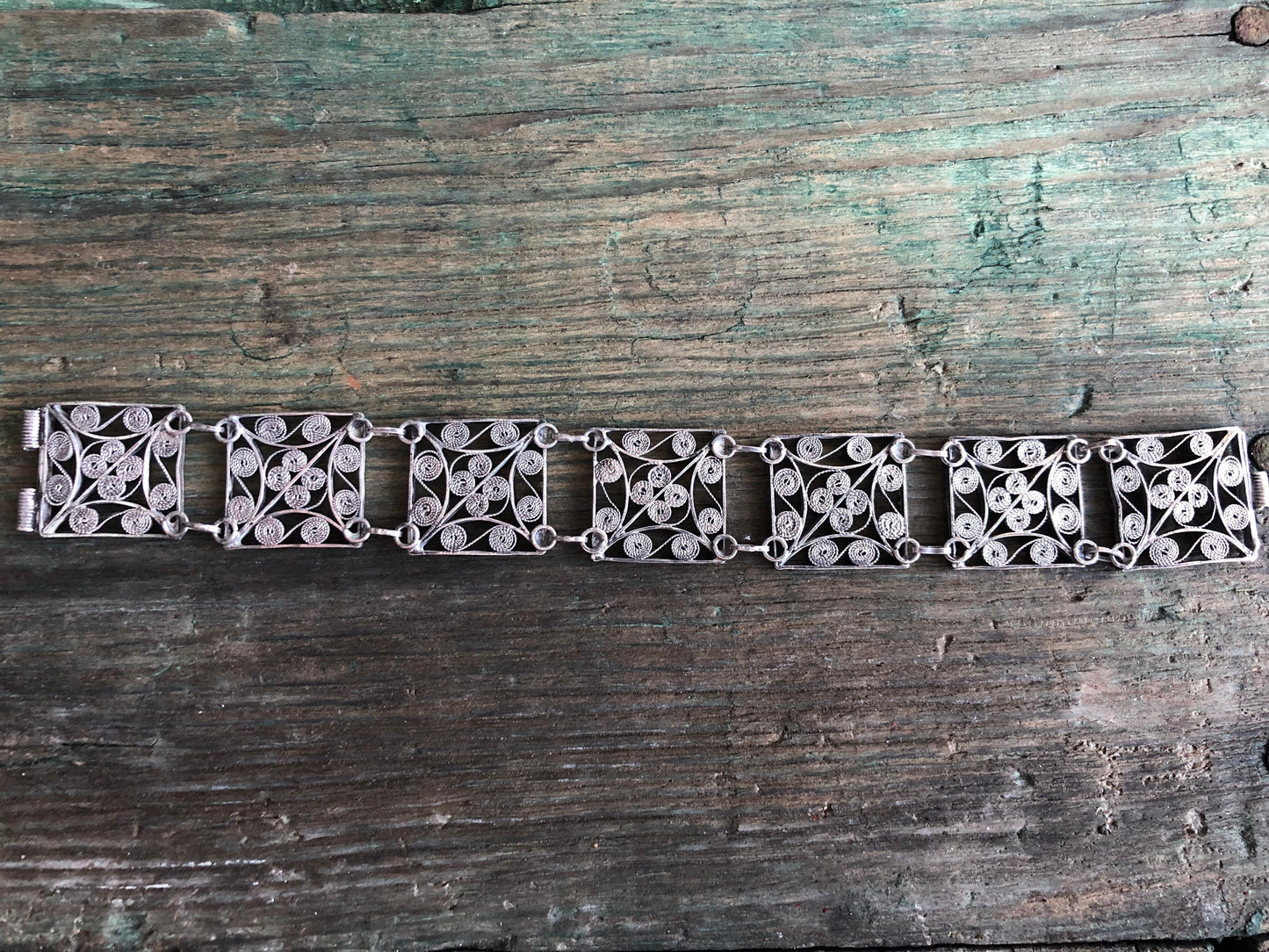 Vintage Victorian Sterling Silver Filigree Pin Hinge Panel Bracelet