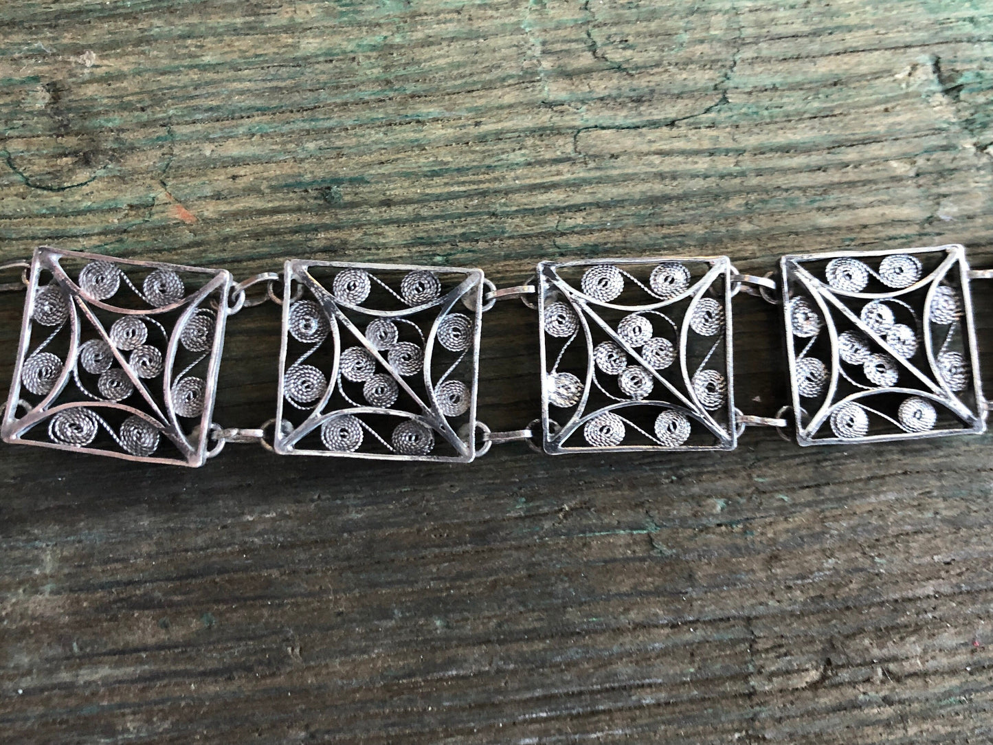 Vintage Victorian Sterling Silver Filigree Pin Hinge Panel Bracelet