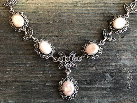 Vintage Sterling Silver Marcasite & Pink Mother Of Pearl Art Deco Shell Y Necklace