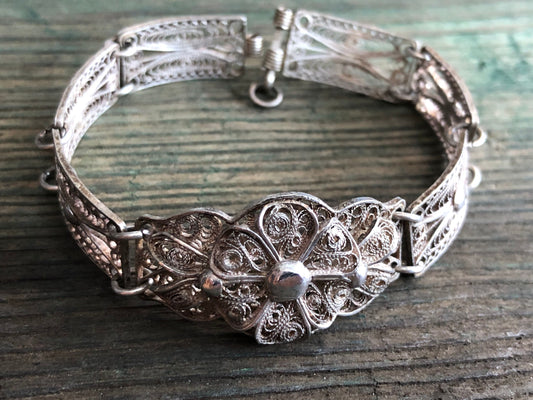 Vintage Sterling Silver Filigree Flower Pin Hinged Floral Filigree Panel Bracelet