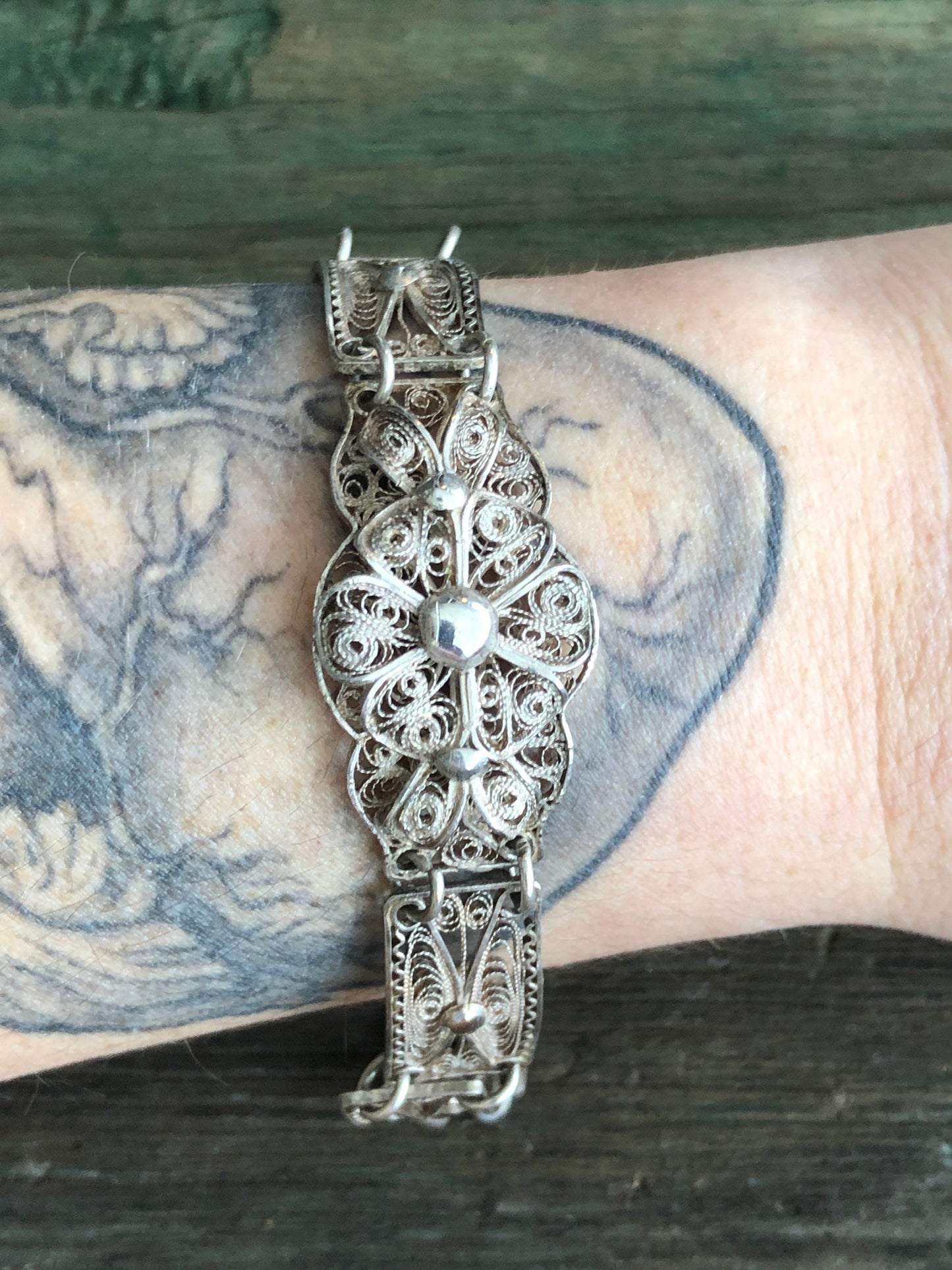 Vintage Sterling Silver Filigree Flower Pin Hinged Floral Filigree Panel Bracelet
