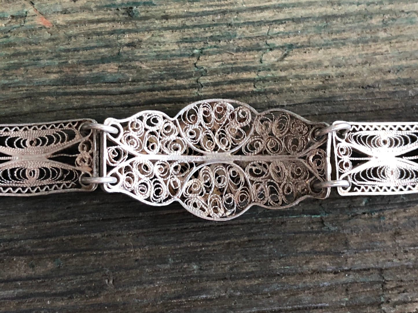 Vintage Sterling Silver Filigree Flower Pin Hinged Floral Filigree Panel Bracelet