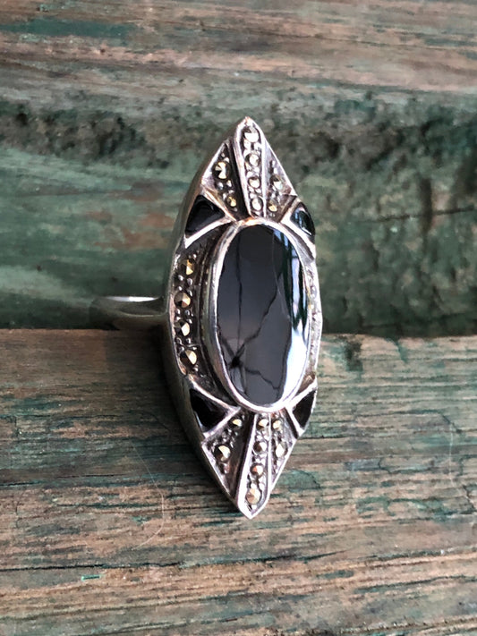 Vintage Sterling Silver, Onyx & Marcasite Long Finger Ring