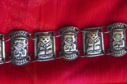 Antique Incan 800 Sterling Coin Silver Tribal Effigies Link Panel Bracelet