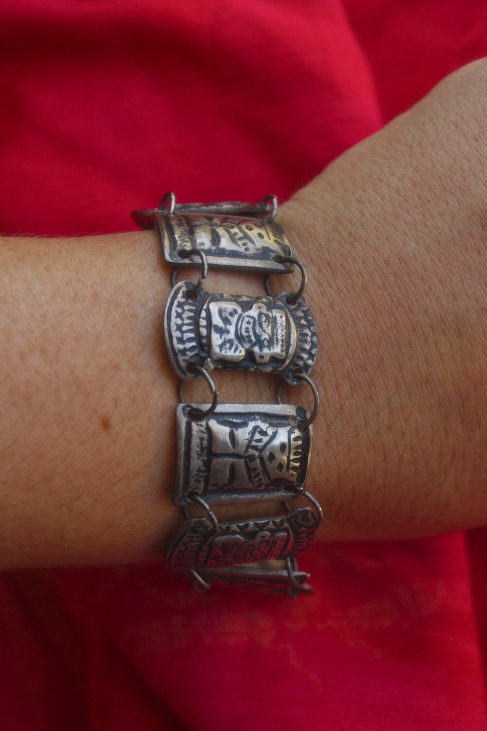 Antique Incan 800 Sterling Coin Silver Tribal Effigies Link Panel Bracelet