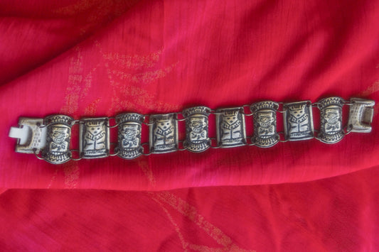 Antique Incan 800 Sterling Coin Silver Tribal Effigies Link Panel Bracelet
