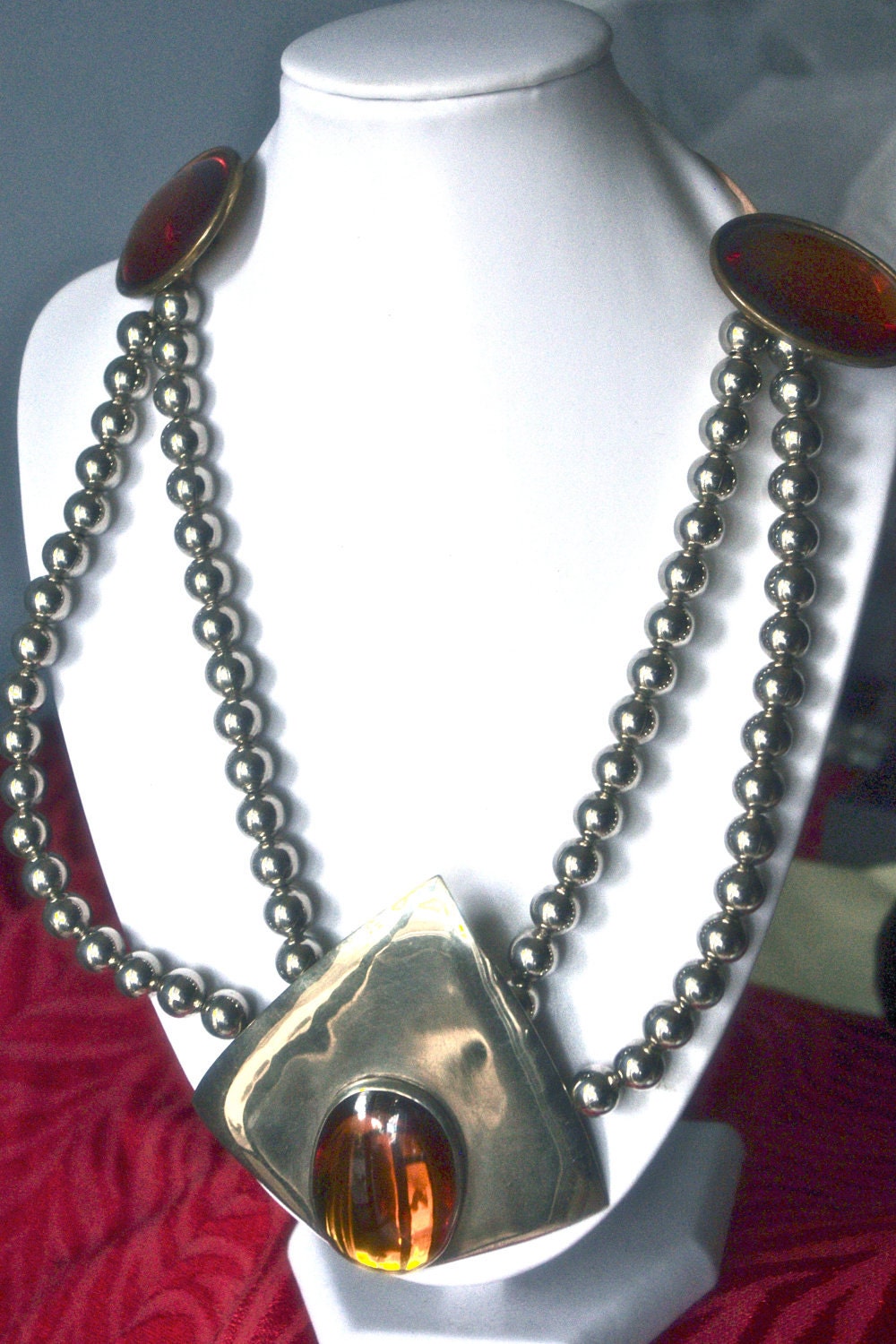 Audrey Schenk Large Silver & Amber Art Glass Southwest Bib Necklace