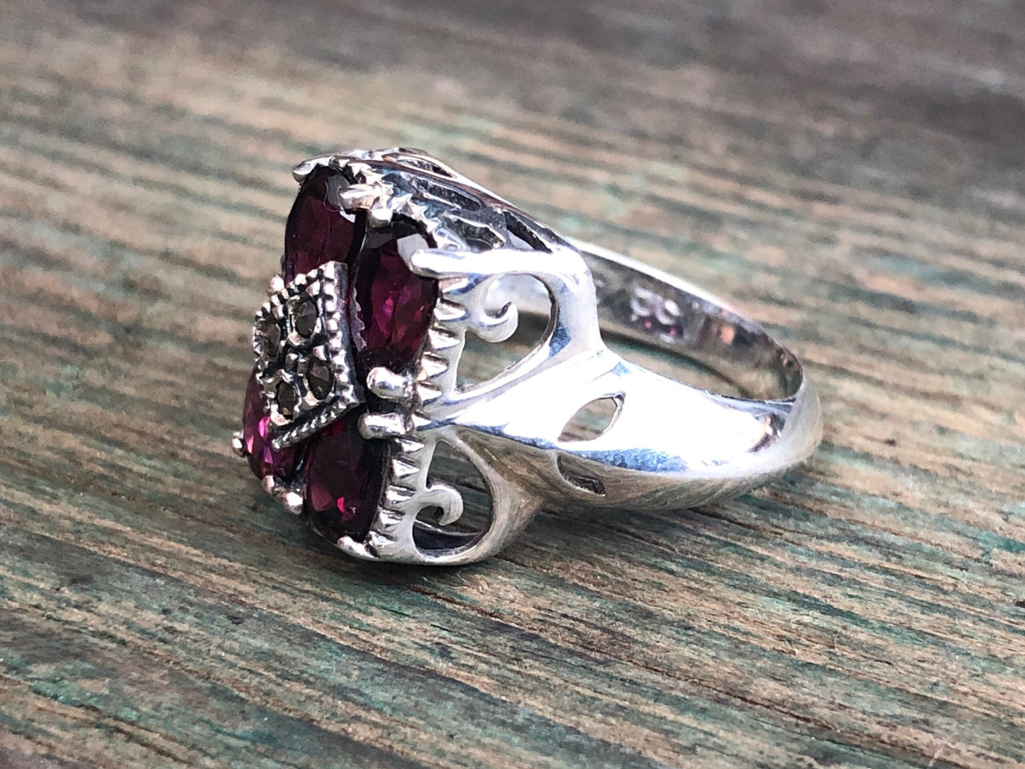 Unique Art Deco Garnet & Marcasite Sterling Silver Multi Gemstone Ring