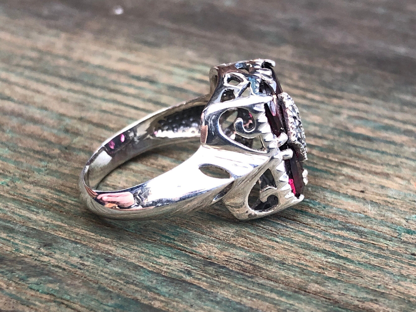 Unique Art Deco Garnet & Marcasite Sterling Silver Multi Gemstone Ring